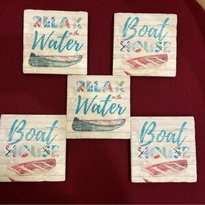 Set of 5 Stone Drink Coasters. Stone & cork. Coastal Boat Lake Theme. 4” NWT!